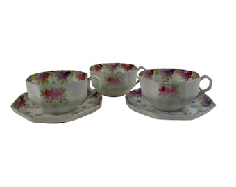 Set di 3 tazze e piattini da tè in porcellana con decorazioni floreali vintage.