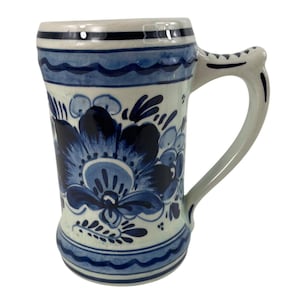 Hand-Painted Delft Blue & White Floral Ceramic Mug Vintage Stein Tankard
