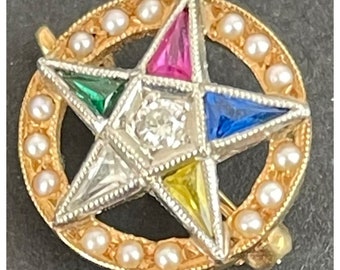 Vintage vrijmetselaarsorde van de Eastern Star Strass met parels 14K broche pin