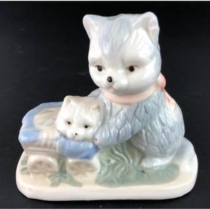 Vintage Porcelain Cat Figurine With Kitten In Bassinet Hand-Painted Details Pastel Colors
