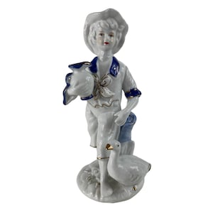 Dresden Germany Boy w/Geese Blue & White Porcelain Figurine Gold Accents