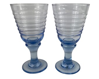 Set of 2 Vintage Libbey Sirrus Blue Ribbed Wine Glasses Goblets