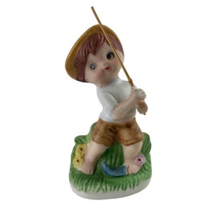 Vintage Porcelain Figurine Boy Fishing w/Pole Multicolor Matte Finish