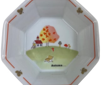 Vintage Narumi China 5" Octagonal Ceramic Bowl With Autumn Scene & Gold Accents