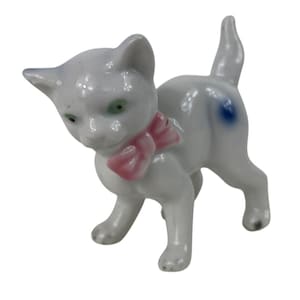 Vintage Miniature Porcelain Cat Figurine With Pink Bow & Blue Accents