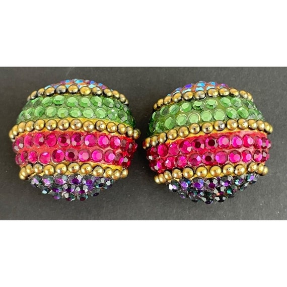 Vintage Multicolored Domed Rhinestone Clip On Ear… - image 1