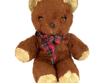 Brown Teddy Bear w/Plaid Bow 12" Stuffed Plush Vintage 70s