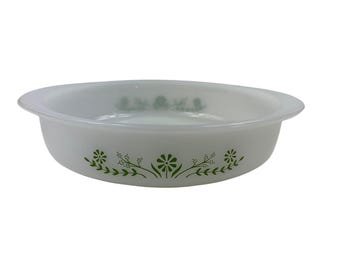 Vintage Glasbake Green Daisy 8" J2429 Baking Dish USA Milk Glass