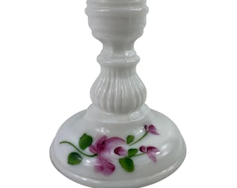 Vintage White Milk Glass Candle Holder With Hand-Painted Purple Floral Design