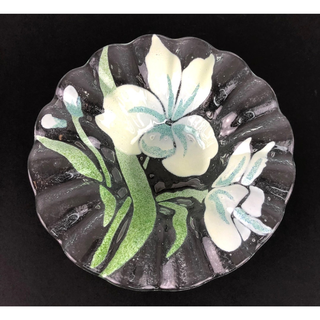 Fused Glass Bowl Sydenstricker Vintage White & Blue Floral Etsy