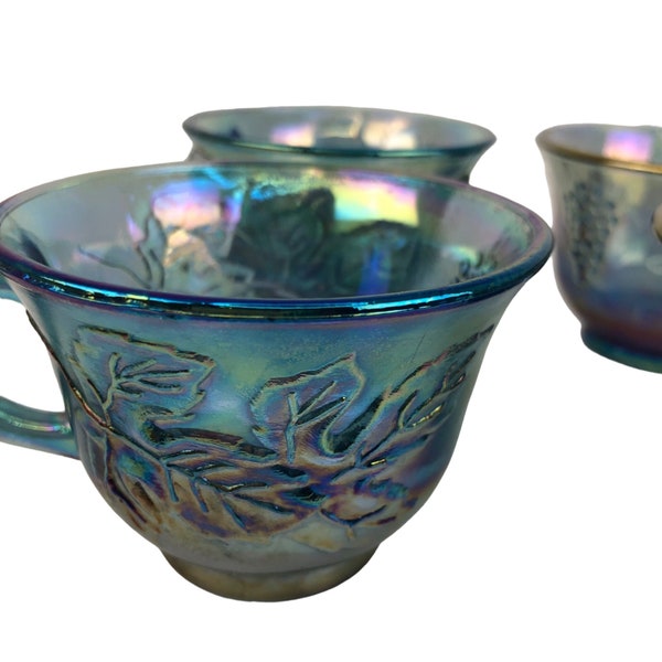 Vintage Blue Indiana Iridescent Carnival Glass Harvest Grape Punch Cup Set of 4