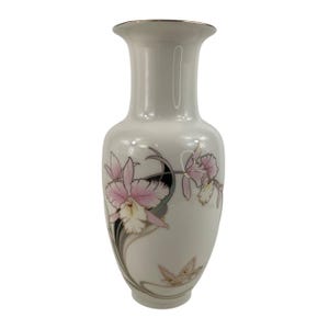 Hand-Painted White Porcelain Vase With Pink Orchid Design & Gold Trim Made In Japan