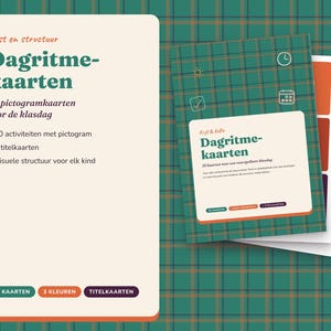 May include: A set of daily schedule cards featuring 30 activity pictograms and 6 title cards. The cards have a green plaid background with cream-coloured text boxes. The text reads Rust en structuur Dagritmekaarten 30 pictogramkaarten.