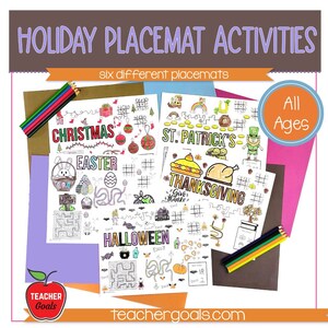 Happy Holidays Coloring Placemats | Christmas, St. Patrick&#39;s Day, Easter, Halloween, Thanksgiving | Holiday Activity Sheets | Coloring Pages