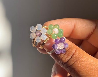 Handmade Crystal Flower Ring: Opalite, Amethyst & Aventurine
