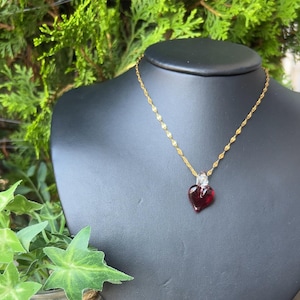 Red Heart Glass Pendant Necklace: Handmade Stainless Steel Chain
