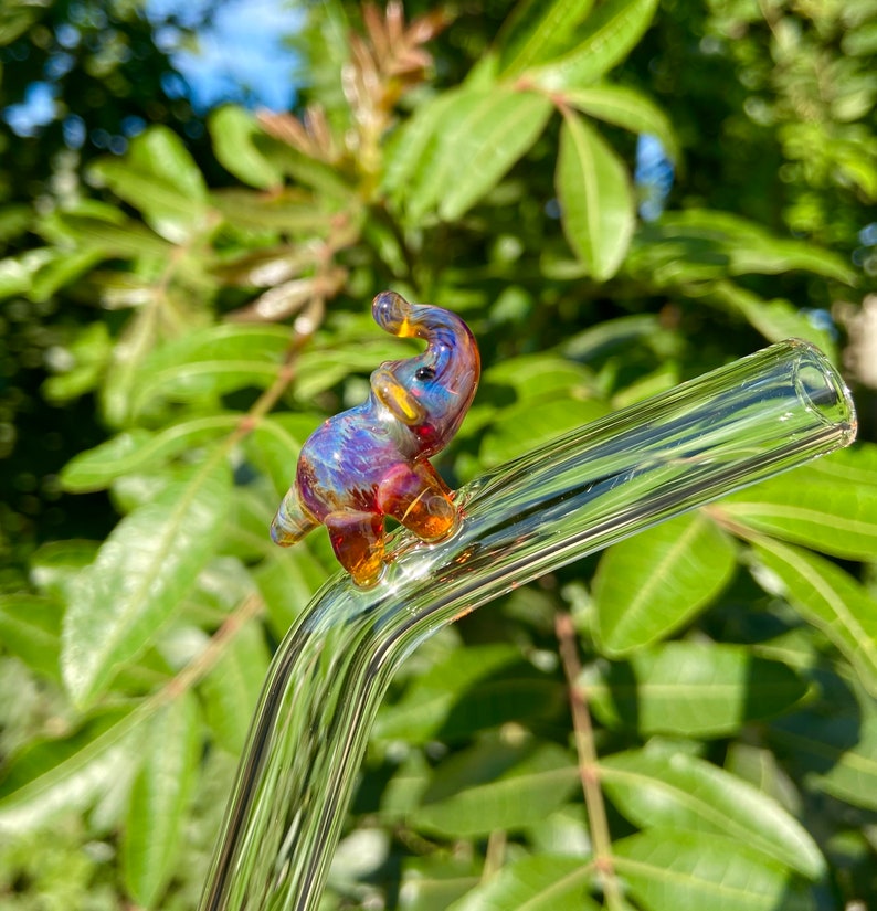 Pu&ograve; includere: Una cannuccia da bere in vetro trasparente con una statuetta di elefante in vetro colorato fissata in cima. L'elefante &egrave; iridescente con sfumature di blu, viola e arancione.