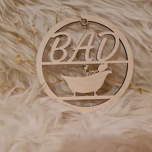 Baño, Corona de puerta, Rotulación, Señal de puerta para el baño, Percha para la puerta, Señal de madera, Familia, Idea de regalo, aro, WC, Lasercut, Puerta del baño