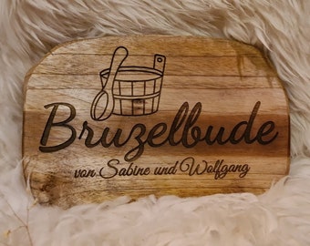 Saunaschild, Teakholz, Brutzelbude, Personalisierung, Geschenk, Geburtstag, Namen, Holzbrett, Lasergravur, individuell, Sauna, Einweihung