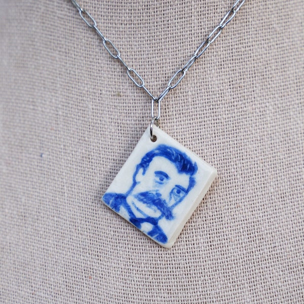 Friedrich Nietzsche Ceramic Charm Necklace Philosophy Hand-Painted Porcelain Delftware Classic Blue Literature and Book Lovers Gift Jewelry