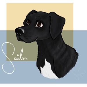 Pode incluir: Uma ilustração digital de um cão preto com uma mancha branca no peito. O cão tem grandes olhos castanhos e está olhando para a esquerda. O nome do cão, "Sailor", está escrito em itálico no canto inferior esquerdo da imagem.