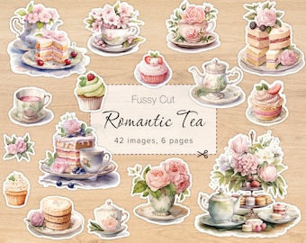 Vintage Afternoon Tea Fussy Cut Files, Junk Journal Ephemera, Scrapbook, Printable High Tea Collage Sheet, 8.5x11&quot; , A4, White Background