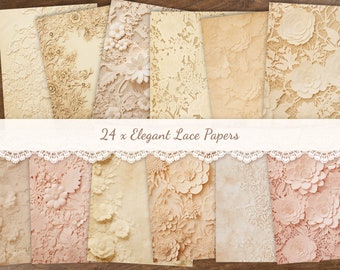 24 x Printable Floral Lace Papers, Vintage Tea Stained Junk Journal Background, Lace Flowers Scrapbook Pages, Coffee Dyed Paper 8.5x11" & A4