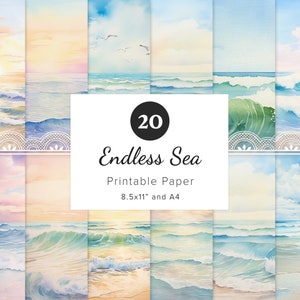 Op de afbeelding: 20 afdrukbare digitale papieren met aquarel illustraties van oceaan golven en luchten in verschillende tinten blauw, groen en roze. De papieren zijn 8,5x11 inch en A4 formaat.