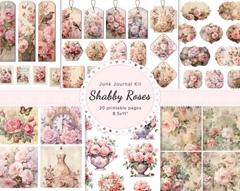 Vintage Rose Junk Journal Kit, Printable Scrapbook Ephemera, Pink Rose Collage Sheet, Junk Journal Background, Fussy Cut Roses, 8.5x11"