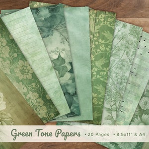 Carta verde stampabile, Forest Ephemera, Green Junk Journal, Pagine di diario verde vintage, Fogli per scrapbooking di foglie, 8,5x11" e A4