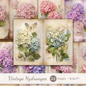 22 x Vintage Hydrangea Journal Pages, Hortensia Scrapbook Ephemera, Floral Junk Journal Background, Shabby Printable Digital Papers 8.5x11"