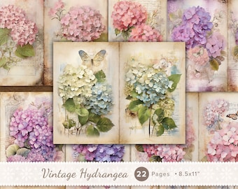 May include: Vintage Hydrangea scrapbook paper featuring 22 pages of floral designs with hydrangeas in shades of pink, blue, and purple. The paper is 8.5 x 11 inches.