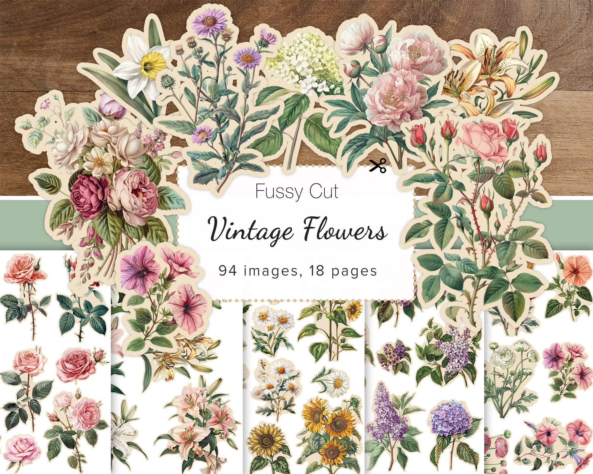 Fussy Cut Vintage Flowers, Junk Journal Flowers Ephemera, Vintage Flowers Scrapbook, Printable Floral Stickers, Flowers Embellishments, JPG