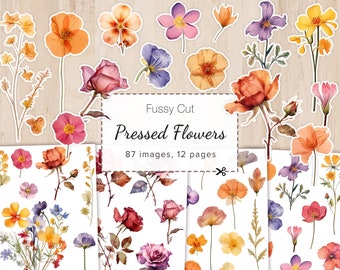 Fussy Cuts Pressed Flower Style, Printable Junk Journal Ephemera, Scrapbook Cut Files, Card Making, Watercolor Stickers, 12 pages, 11x8.5&quot;