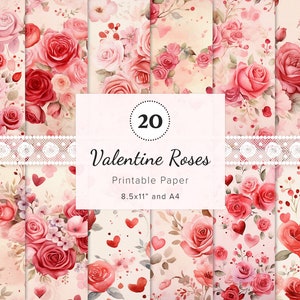 20 x documenti stampabili con rose di San Valentino, sfondo rosa del diario spazzatura, scrapbooking di rose, creazione di biglietti di San Valentino, effimeri di rose 8,5x11" e A4