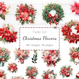 Weihnachtsblumen, wählerisch geschnitten, druckbare Weihnachts-Collageblätter, Weihnachts-Ephemera, Weihnachts-Sammelalbum, Noel-Aufkleber, Weihnachts-Junk-Tagebuch