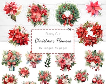 Christmas Flowers Fussy Cut, Printable Christmas Collage Sheets, Christmas Ephemera, Christmas Scrapbook, Noel Stickers, Xmas Junk Journal