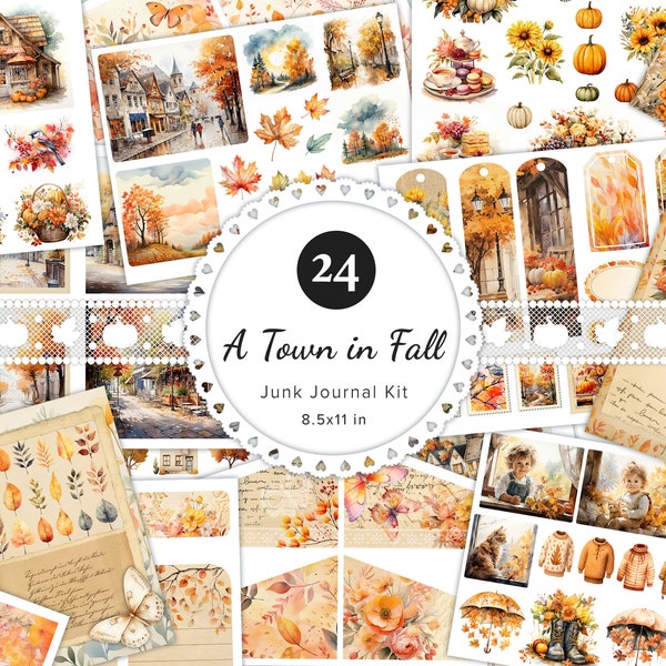 24 x Printable Fall Junk Journal Kit, Autumn Addon Kit, Scrapbook Collage Sheets, Fall Ephemera, Fussy Cuts, Journal Pages, 8.5x11"