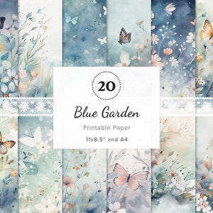 Blaue Blumen Digitale Papiere, Blue Garden Junk Journal Ephemera, druckbares Papier, Scrapbook-Hintergrund, Origami, Wandkunstdruck, 11x8,5" & A4