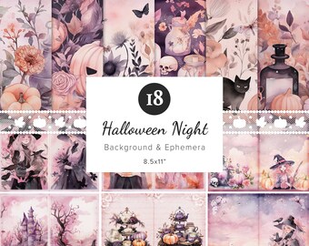 Printable Halloween Scrapbook Ephemera & Background, Junk Journal Pages, Halloween Flower Garden, Witch, Pumpkin, Magic Potion, 8.5x11"
