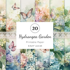 20 x Carta stampabile per giardino di ortensie, carte digitali floreali, album di ritagli di ortensie, Hortensia Journal Ephemera, stampa artistica, Origami 11x8.5" A4