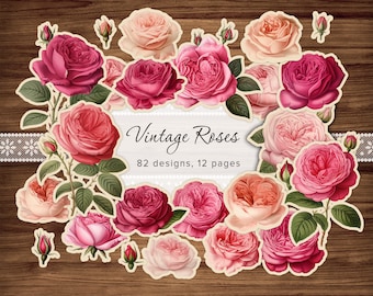 Fussy Cut Vintage Roses, Junk Journal Ephemera, Scrapbook, Rose Flowers Cut, Printable Floral Stickers, Victorian Rose, English Rose 8.5x11&quot;