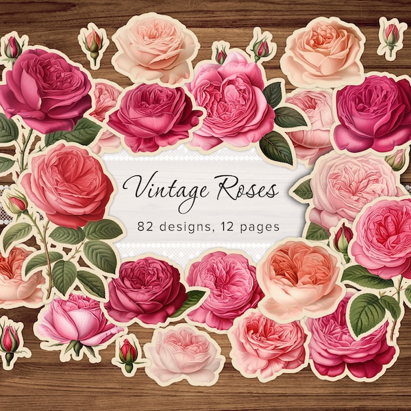 Fussy Cut Vintage Roses, Junk Journal Ephemera, Scrapbook, Rose Flowers Cut, Printable Floral Stickers, Victorian Rose, English Rose 8.5x11"