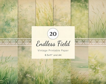 20 x Vintage Field Digital Papers, Calming Green Grass Printable Paper, Forest Junk Journal, Scrapbook Ephemera, Peaceful Scenes 8.5x11 & A4