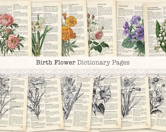 Printable Birth Flowers Botanical Dictionary Pages, Birth Month Flower Scrapbook Ephemera, Vintage Junk Journal Page Birthday Prints 8.5x11"