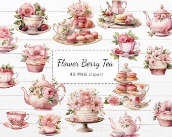 40 x Vintage Afternoon Tea PNG Clipart, Pink Flower & Berry Tea, Tea Junk Journal, Tea Ephemera, Scrapbook Tea Party, Tea Cup Images