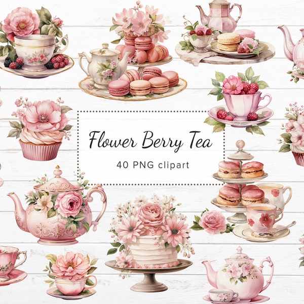 40 x Vintage Afternoon Tea PNG Clipart, Pink Flower & Berry Tea, Tea Junk Journal, Tea Ephemera, Scrapbook Tea Party, Tea Cup Images