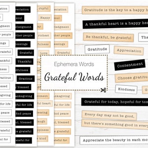 Gratitude Ephemera Words for Junk Journals, Grateful & Thankful Scrapbook Words, Printable Scrapbook Ephemera, Collage Sheet, Planner Words