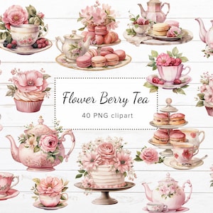 40 x Vintage té de la tarde PNG Clipart, flor rosa y té de bayas, diario de basura de té, efímera de té, fiesta de té de álbum de recortes, imágenes de taza de té