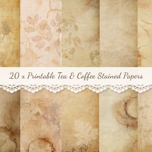 20 x papiers imprimables contre les taches de thé, style papier teint dans le café, pages de journal indésirables teints dans le thé vintage minable, papier de scrapbooking teint dans le thé, 8,5 x 11 po. et A4